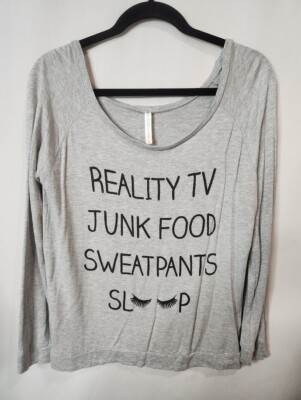 Sweatshirt Women's Reality TV Junk Food Sweats Sleep Gray L Large Lazy Night