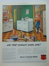 1947 Phillips Petroleum Co. Kitchen- Boy Brings in Stove Wood art print ad