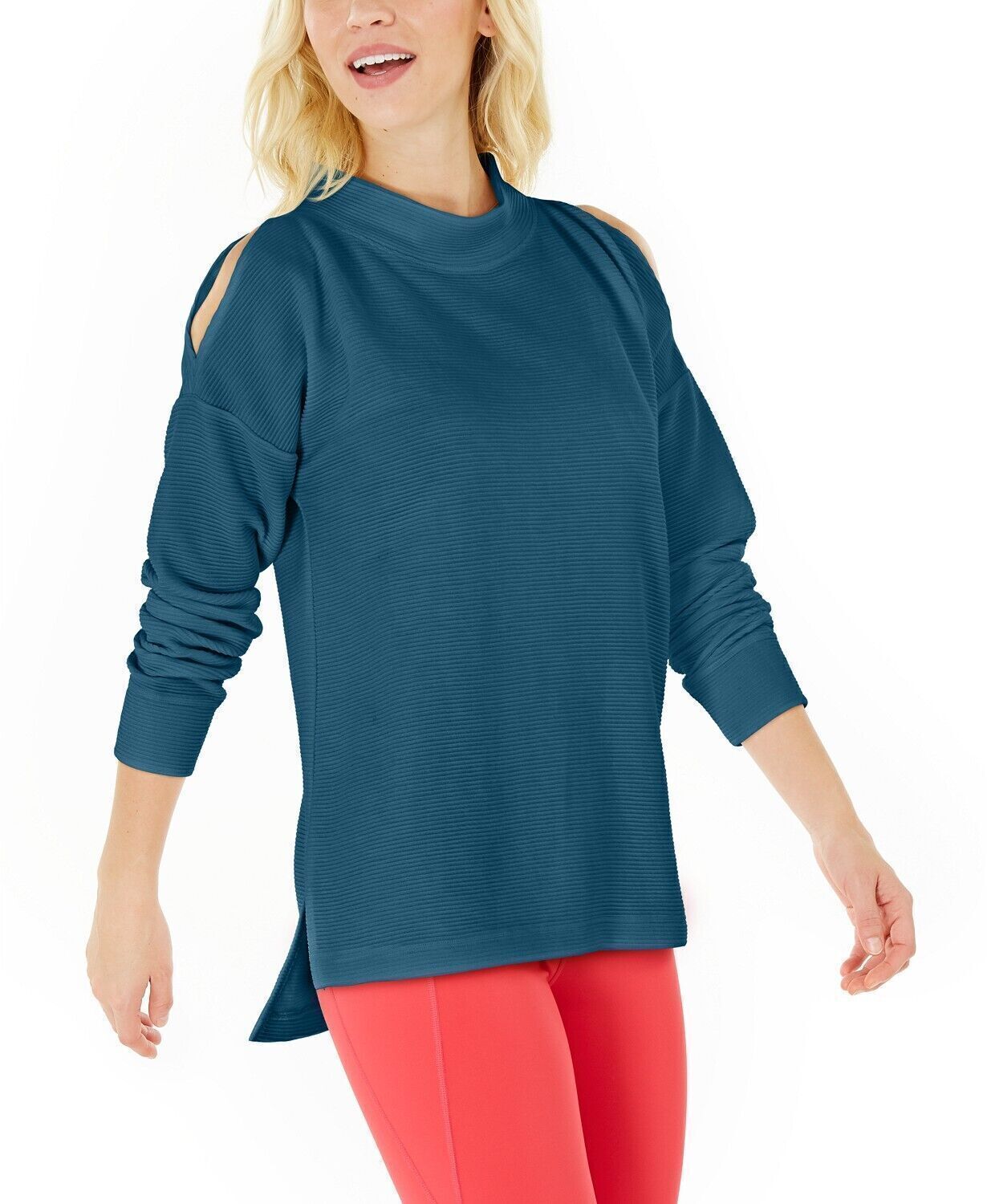 Cold Shoulder Ribbed Mock Neck Ideology Sweatshirt in Plus Size Blue 3X-image