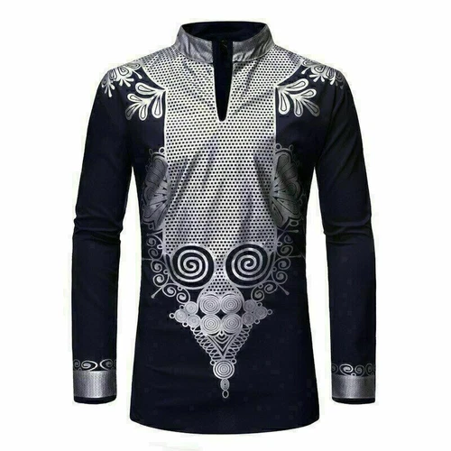 Hot Men Print Shirt African Dashiki Luxury Tribal Metallic Gold Top Blouse Shirt - Picture 11 of 17