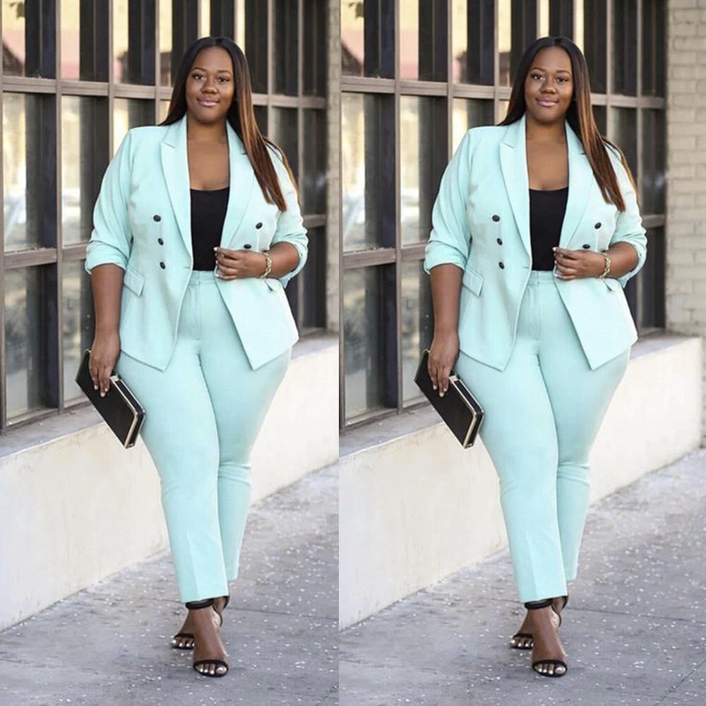 Plus Size Women Suits Mint Green Office Ladies Workwear 2 Pieces Outfits  Custom