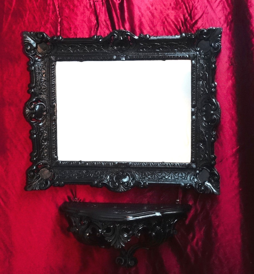 Set 2 Pièces Miroir Mural + Console Antique Style Baroque Or - Dimensions 56x46 Cm