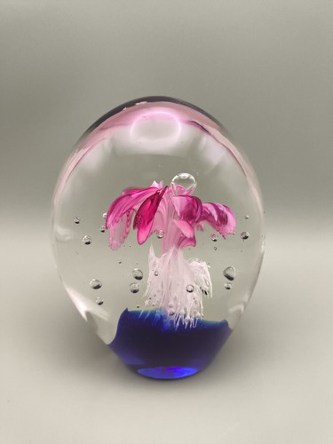 Vintage Large Handmade Glass Paperweight Pink Flower White Roots Blue Egg Shape