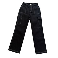 GB Girls Black High-Waisted Cargo Pants With White Stitching   Medium