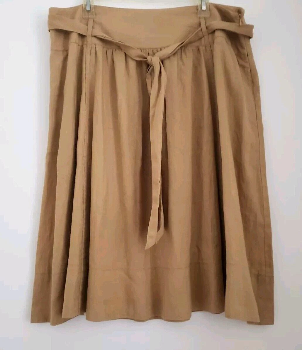 VTG Linen Safari Midi Skirt Sz 16 JONES NEW YORK Camel Brown Fit Flare Pockets