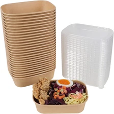 17 Oz Disposable Kraft Paper Bowls with Lids, Rectangle Food Containers Soup Bow