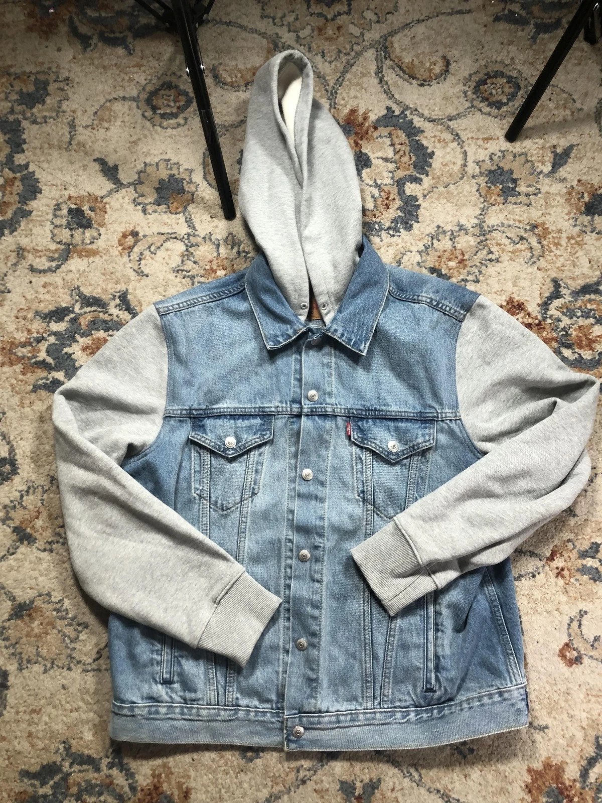 Levi's Jacket Mens Large Blue Denim Hooded Varsity Relaxed Fit Snap Front