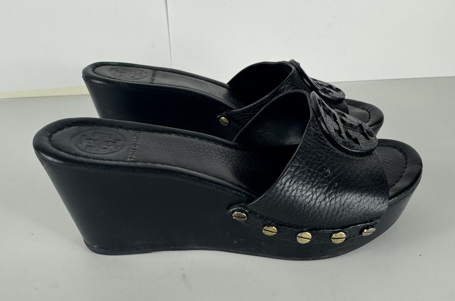 TORY BURCH Patti Sandals Size US 7 Black Leather Wedge Slide 3" Heel thumbnail 4