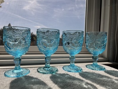 Vintage Aqua Blue Madonna Inn Fenton LG Wright Flat Rose Goblets 6.5''   Set of 4