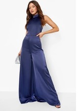 BOOHOO OCCASION SATIN HALTER NECK OPEN BACK WIDE LEG JUMPSUIT IN NAVY UK 8