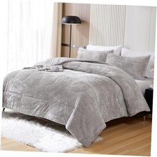 Faux Fur Size Comforter Set, Luxury Ultra Soft Fluffy Queen Light Grey