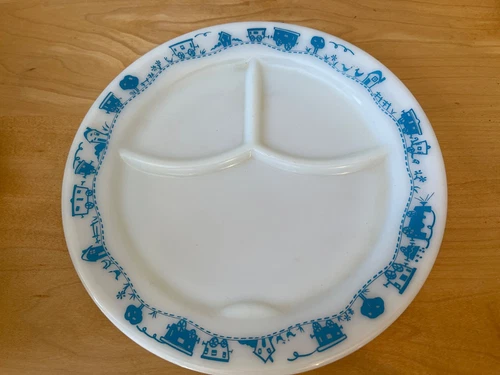 Pyrex Divided Plate Milk Glass Children Train - Vintage - Choo Choo - Retro