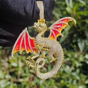 Authentic 3Ct Round Real Moissanite & Enamel Men's Dragon Pendant 14K Yellow Gold Plated