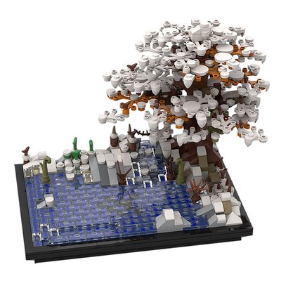 Mocs Bricks Sets Winter Lake and Large Tree Many Leaves and Many Snow 855 Parts