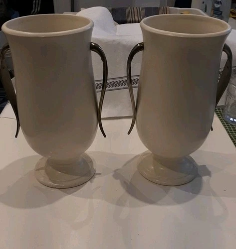 Red Wing Pottery Pair of Vases Metal Leaf Handles Cream 9” Mid Century RARE PAIR