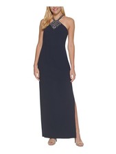 VINCE CAMUTO Womens Navy Side Slit  Strappy Back Sleeveless Formal Gown Dress 8