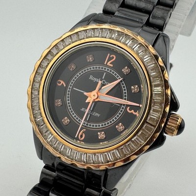 Royal Crown Jewelry Quartz Watch Women Black Ceramic Rhinestone New Batter 5.25''