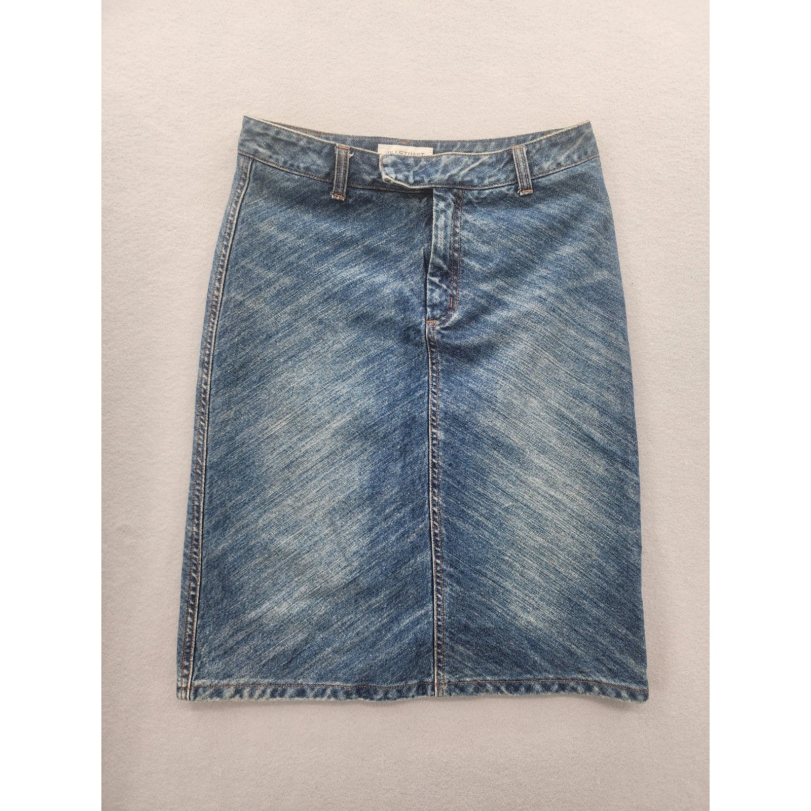 Jill Stuart Jeans Vintage Blue Denim Midi Skirt Size 4 Diagonal Wash Cotton Y2K