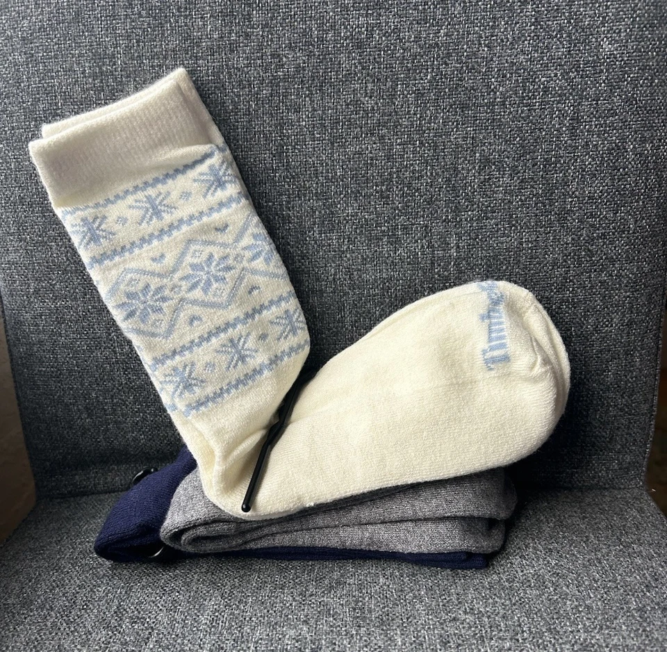 ¡Nuevo! Timberland Mujer Calcetines Bota Acolchados 3 Pares Talla 6.5-9.5 Blanco Azul Lana Foto 3 de 4