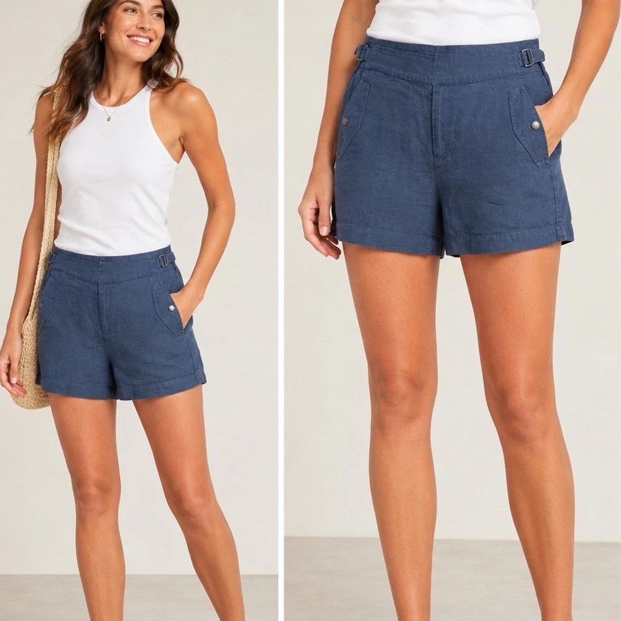 Athleta Cabo Linen Shorts Navy Blue 586829-02 Womens Size 8 Elastic Side Buckle