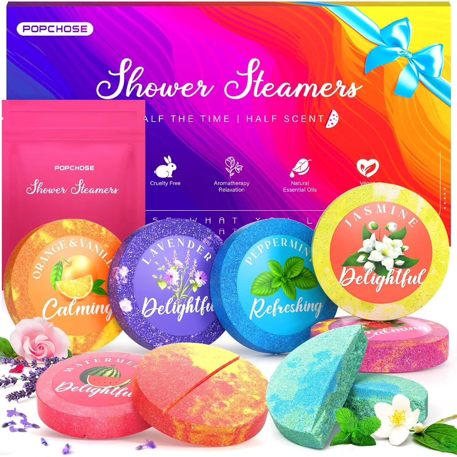 POPCHOSE Shower Steamers Aromatherapy – 8 Natural Scented Shower Bombs with Gift