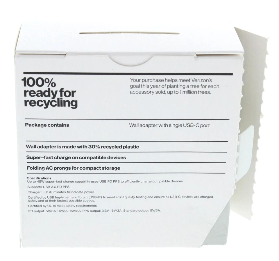 Verizon 45W USB-C Fast Charge PD PPS Wall Adapter Charger White - Image 3 of 3