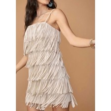 Trixxi Fringe Dress Sleeveless Party Cocktail Mini Dress Beige MED NWT Flapper