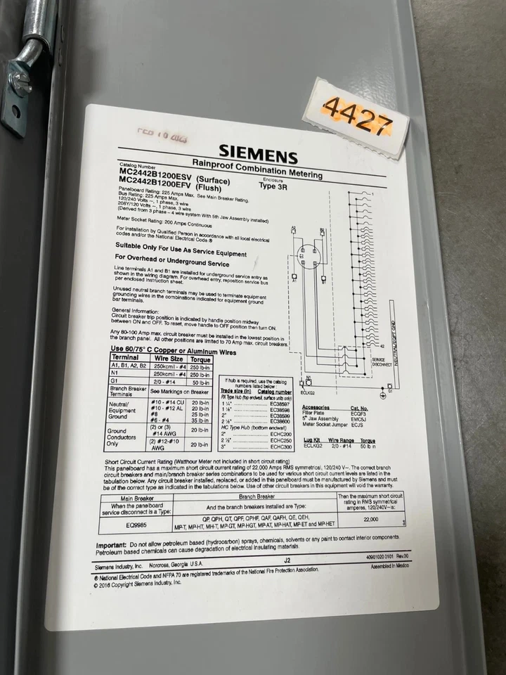 Siemens MC2442B1200ESV дождевой комбинированный замер 225 A 120/240 В 1 на заказ - Изображение 4 из 4