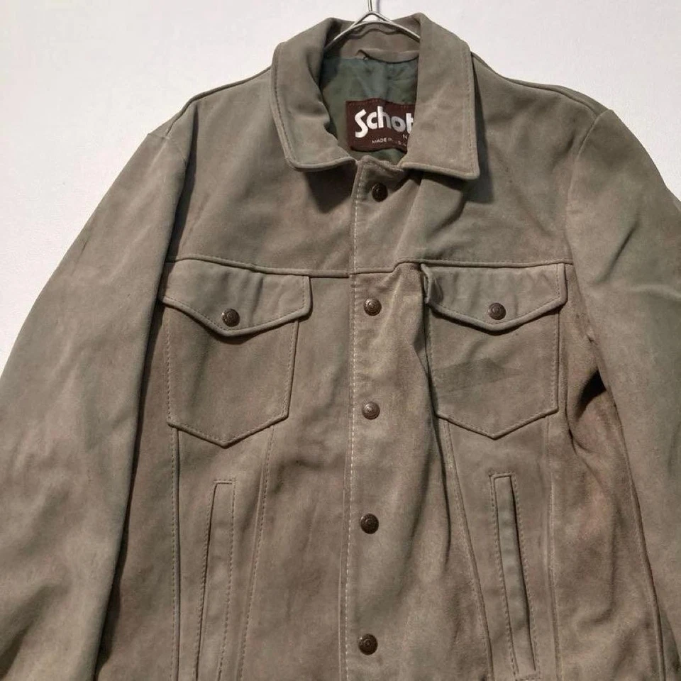 Schott Suede Leather Trucker Jacket Size 38 Khaki Brown Button USA Fashion Used - Image 2 of 4