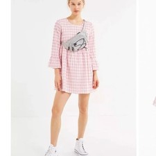 NWT Urban Outfitters Pink Gingham Seersucker Bell Long Sleeve Barbie Dress SizeM