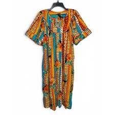Vintage Phases Vibrant Floral Stripe Maxi Dress in Teal & Mustard 100% cotton XL