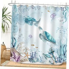 Watercolor Shower Curtain Blue Teal Ocean 72"W x 72"L Pack of 1 Sea Turtle