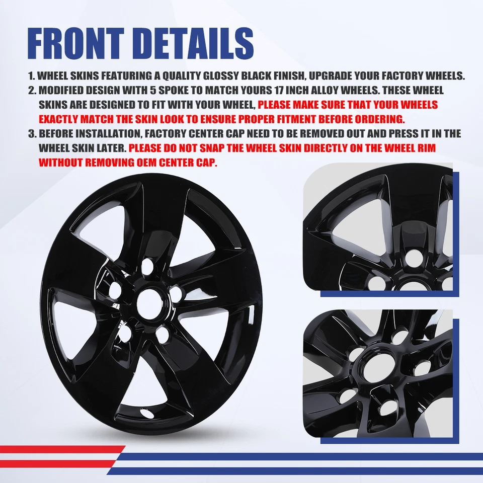 17" Set of 4 Hub Caps Full Rim Wheel Covers Black for 2013-2018 DODGE RAM 1500 - Изображение 3 из 4