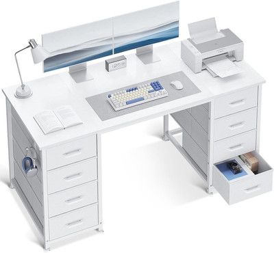 ODK 48 Inch White Computer Desk with 8 Fabric Drawers, Modern Office Desk with L