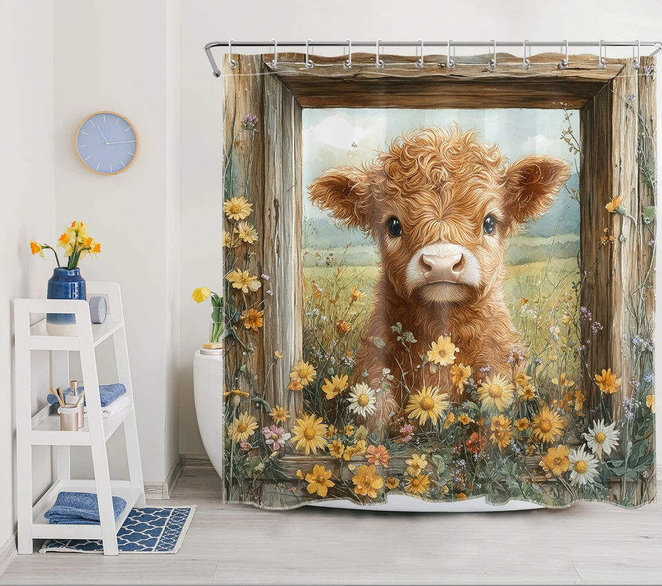 Country Yelllow Wildflower and Cute Cow Shower Curtain Bathroom Accessories Set - Image 2 of 4