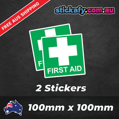 2 x First Aid Sticker 100mm Decal OHS WHS Car Window Work Ute 4x4 4wd ...