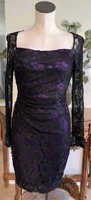 david meister Women 2 Black Purple Lace Long Sleeve Ruched Cocktail Dress TT