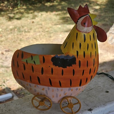 Pfaltzgraff Folk Art Tin Chicken 9'' Planter Basket Wheels Pistoulet Jana Kolpen