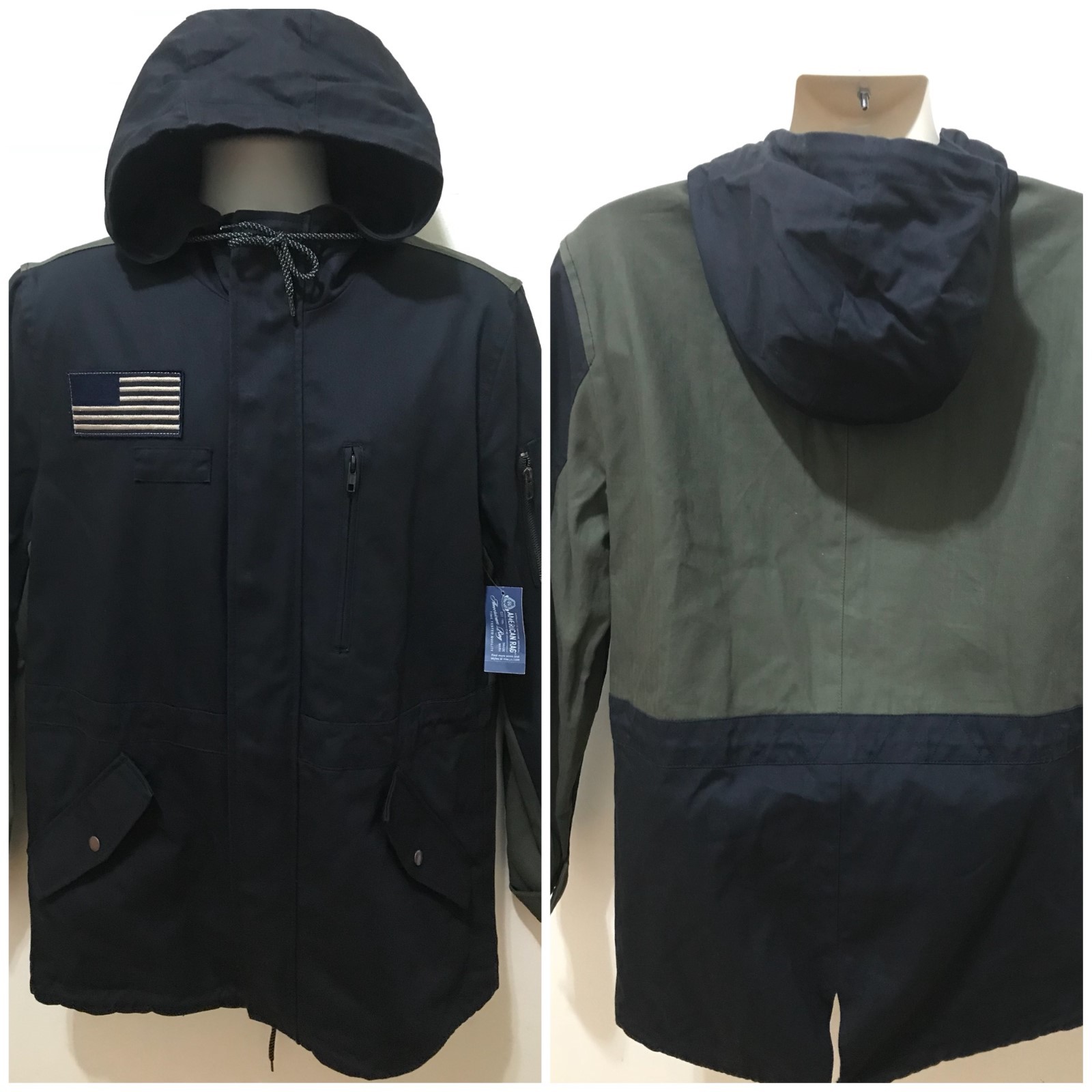 American Rag Mens Dark Navy M Mixed Media Patch Parka Hoodie Jacket $140 NWT