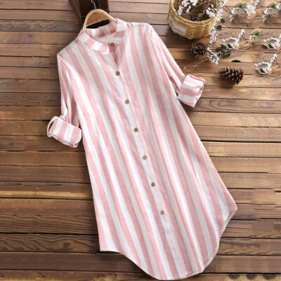 Femme Coton Lin Robe Chemise Bouton Bas Rayure Desseré Rétro Caftan Maxi - Photo 1/4