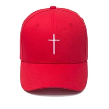 Cross Embroidered Christian Bright Red Baseball Cap, Adjustable Hat, Mens Womans