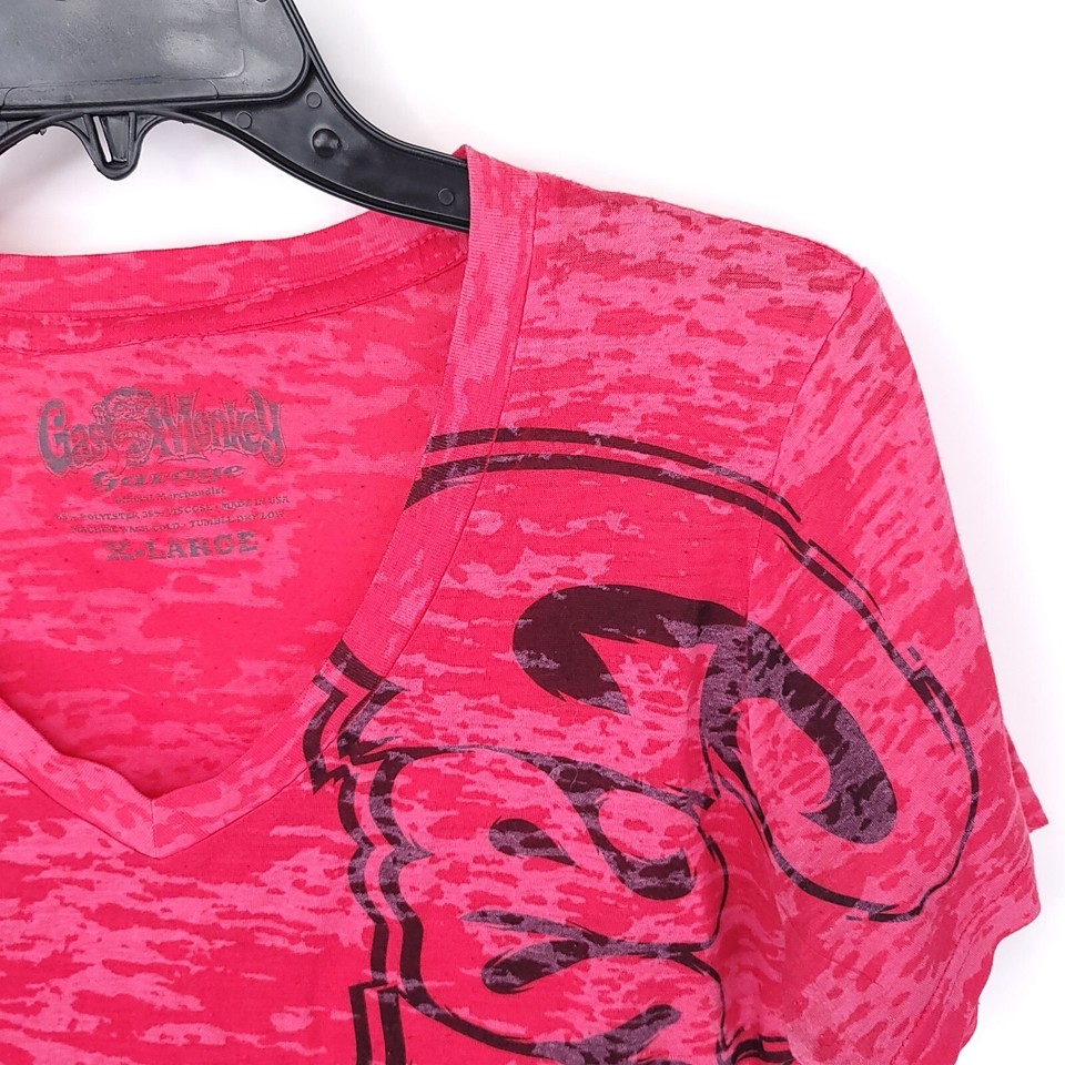 Gas Monkey Garage Top Womens XL Short Sleeve Y2K Shirt V Neck Stretch