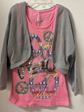JUSTICE Girls 2 Pc Pink Sequin Glitter Top Gray Sweater SIZE 10