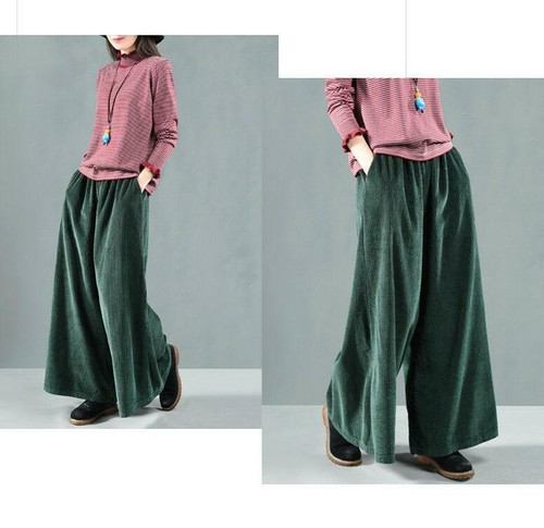 Corduroy Wide Leg Trousers Vintage Womens Autumn Casual Solid Loose Baggy Pants - Picture 3 of 14