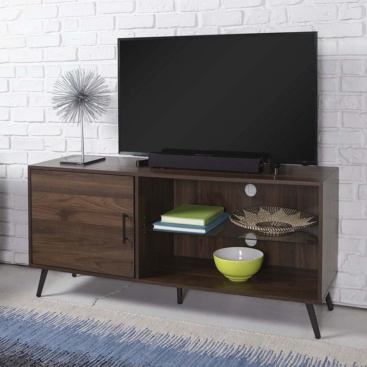 Walker Edison Saxon Modern Glass Shelf TV Stand 52 Inch, Dark