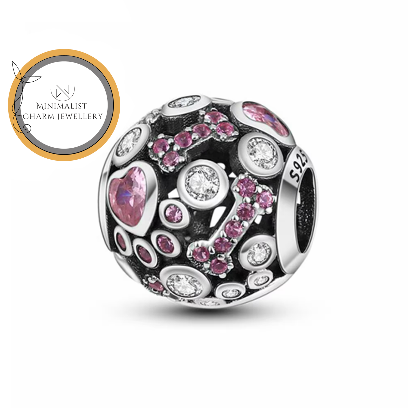 Beaded Paw and Bone Charm for Bracelet - Round Silver Pendant