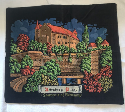 Souvenir Pillow Cover Velvet Germany Painted Nurnburg 17x 19 scene vtg