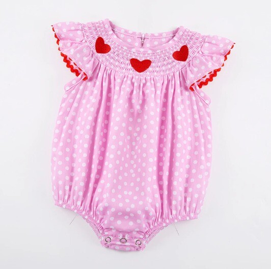 Boutique Valentine's Day Smocked Heart Baby Girls Pink Bubble