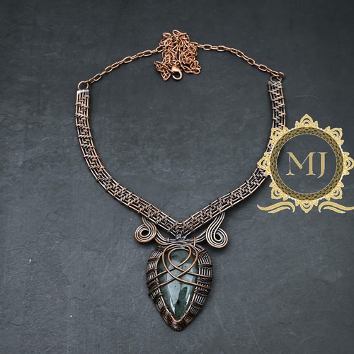 Moss Prehnite Gemstone Copper Wire Wrapped Handmade Adjustable Necklace Jewelry - Picture 2 of 4