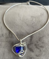 Handmade Sterling Silver Wrapped Sea glass Pendant on a 18  collar necklace.